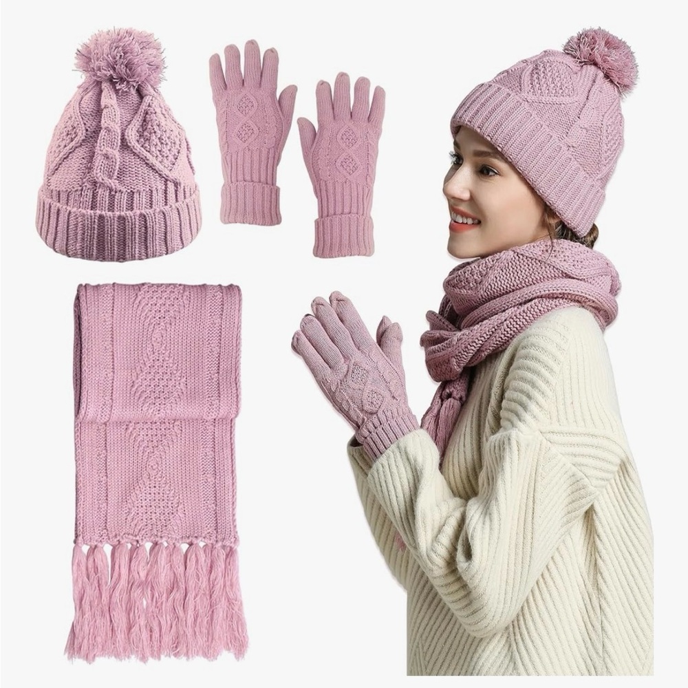 Lavender Knit Accessory Set (gloves, scarf, hat) BRAND NEW